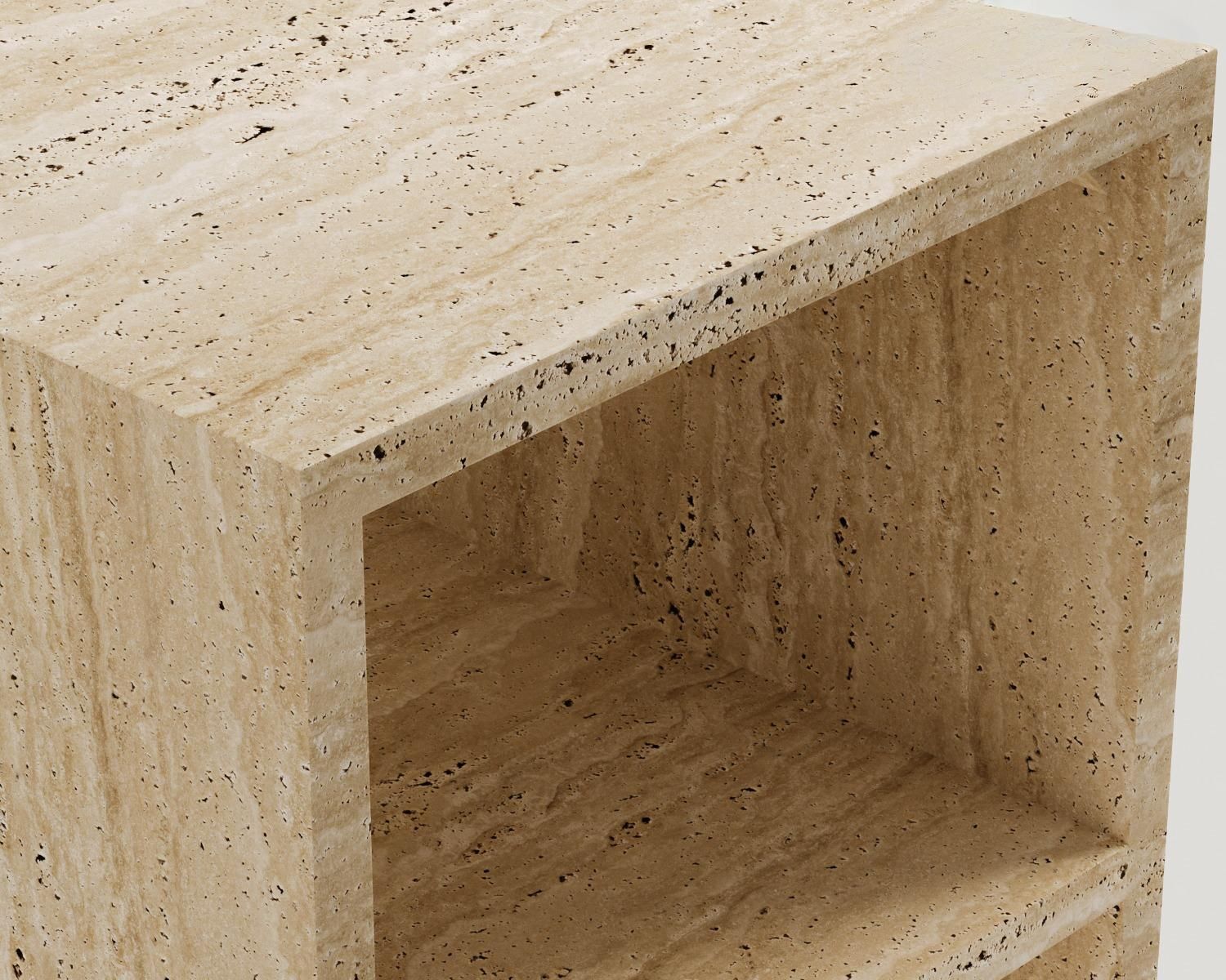 Close-up of Luzione's travertine side table; natural stone texture, minimalist design, modern accent for living room or bedroom