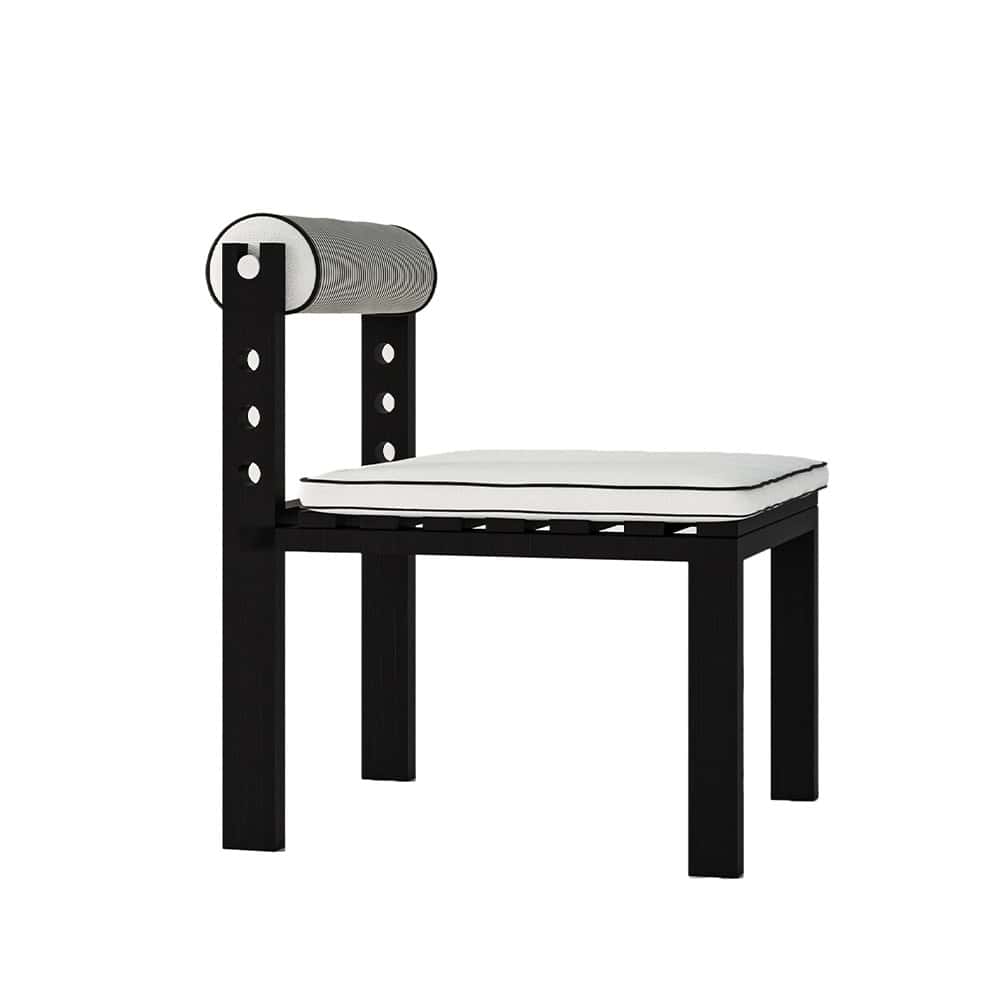 Black wooden chair with white cushion and striped bolster backrest