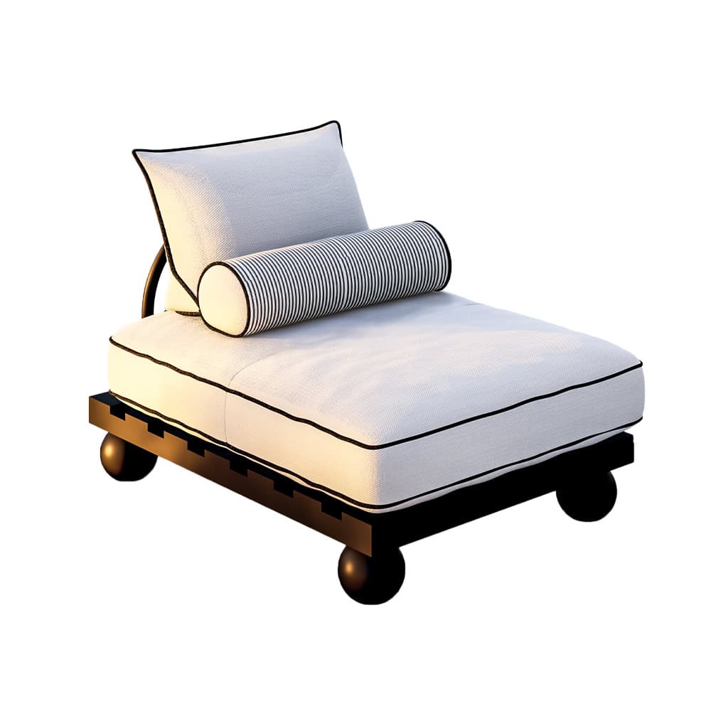 White outdoor chaise lounge with black striped bolster pillow and black base.