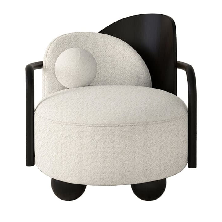 White upholstered accent chair with black wood frame and feet
