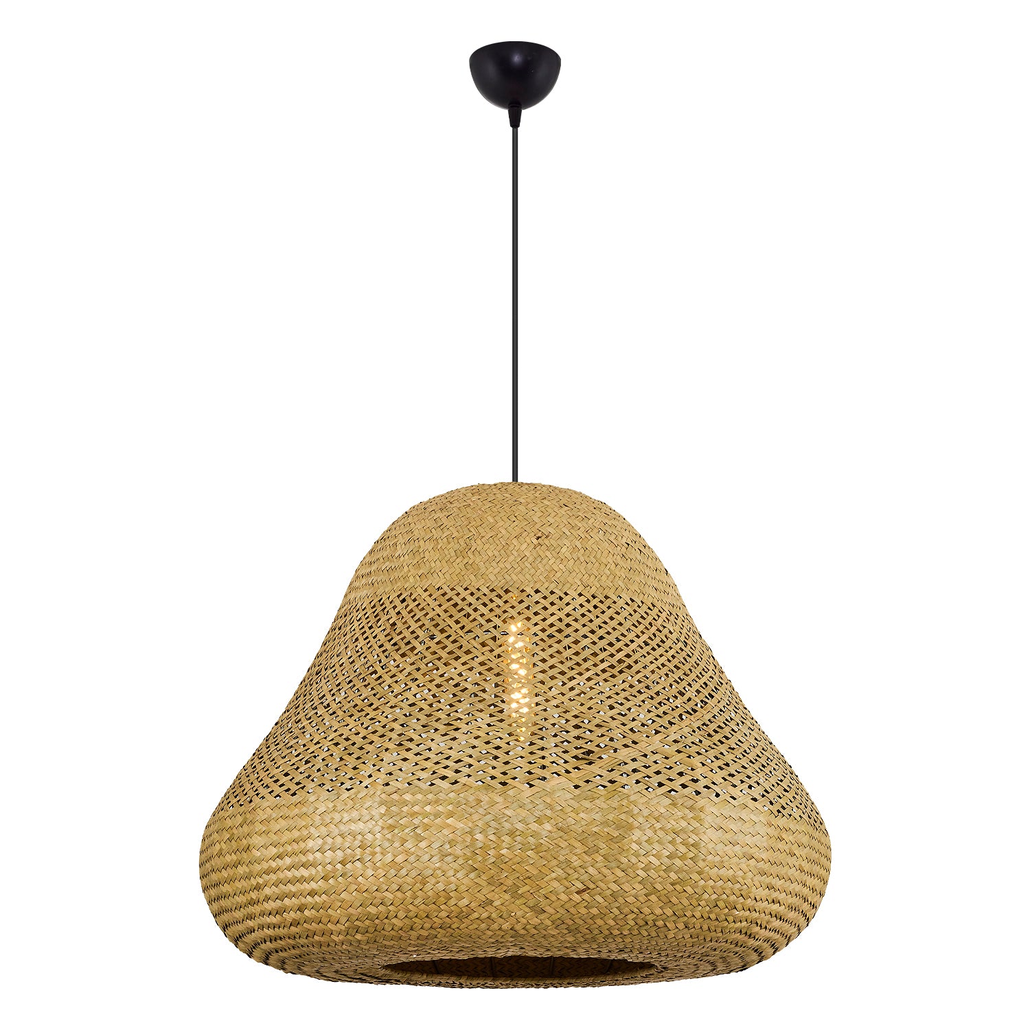 Woven straw pendant lighting fixture with black canopy and cord