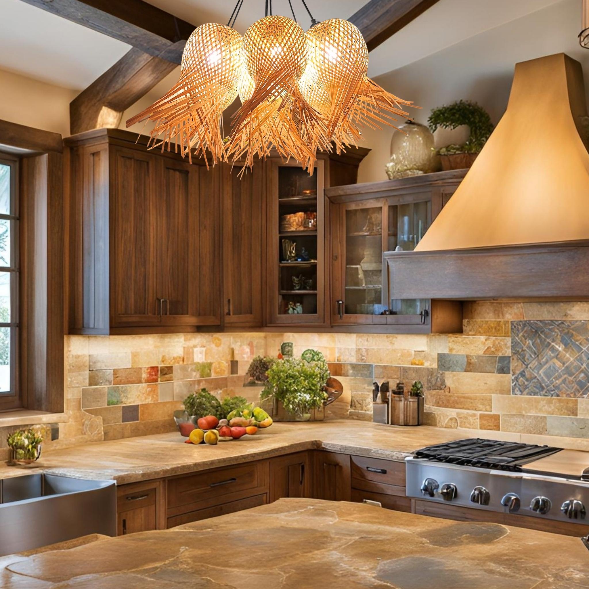 Rustic kitchen features bamboo chandelier lighting over dark wood cabinets.