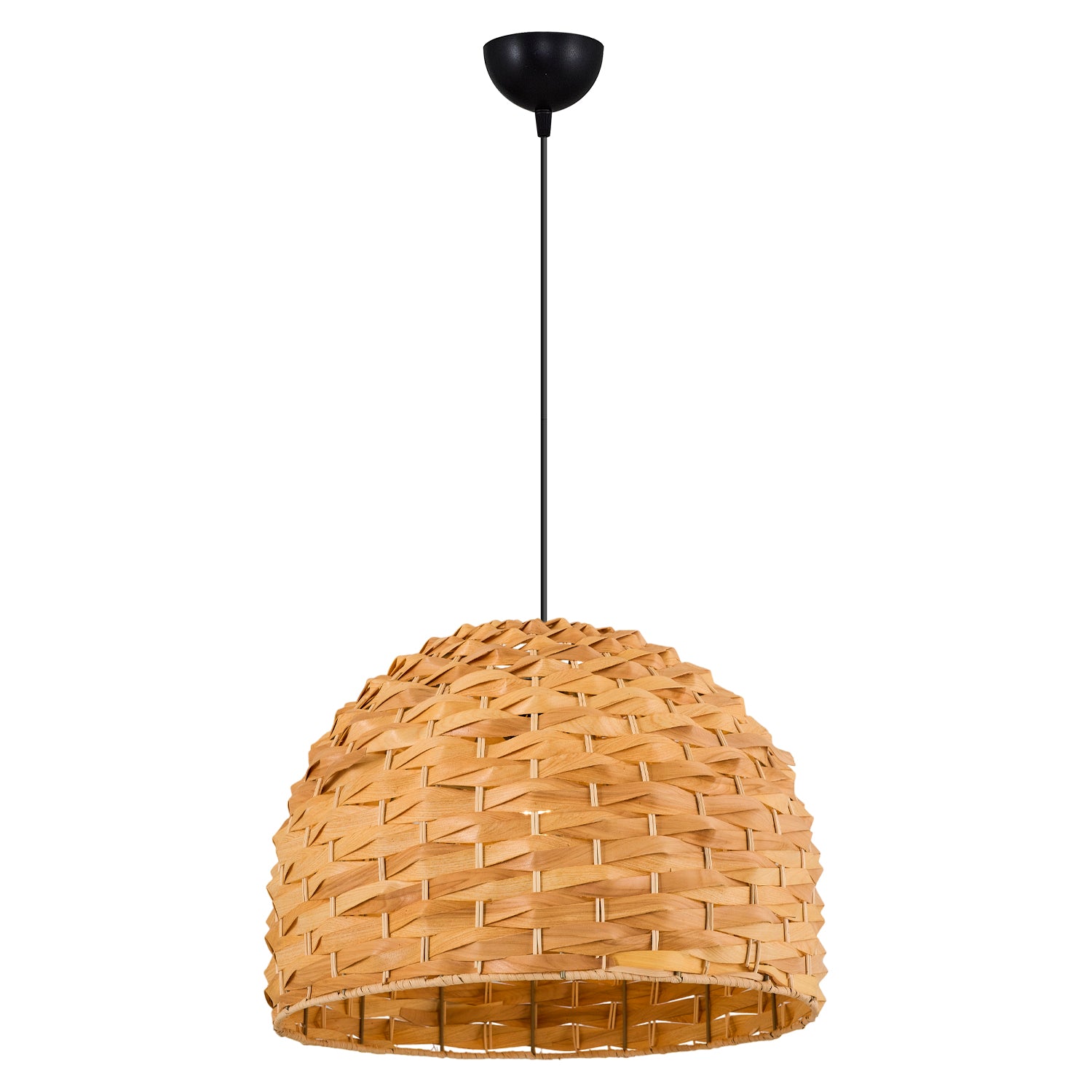 Woven wood pendant light fixture hanging against white background.