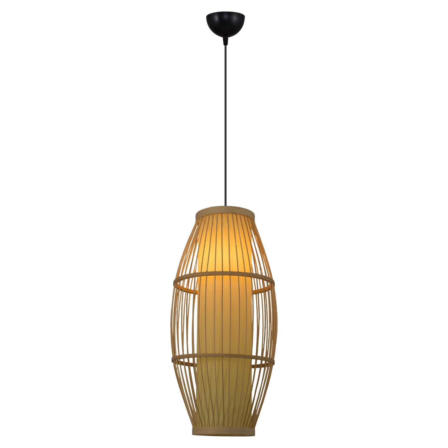 View of a bamboo cage pendant lighting fixture with glowing shade