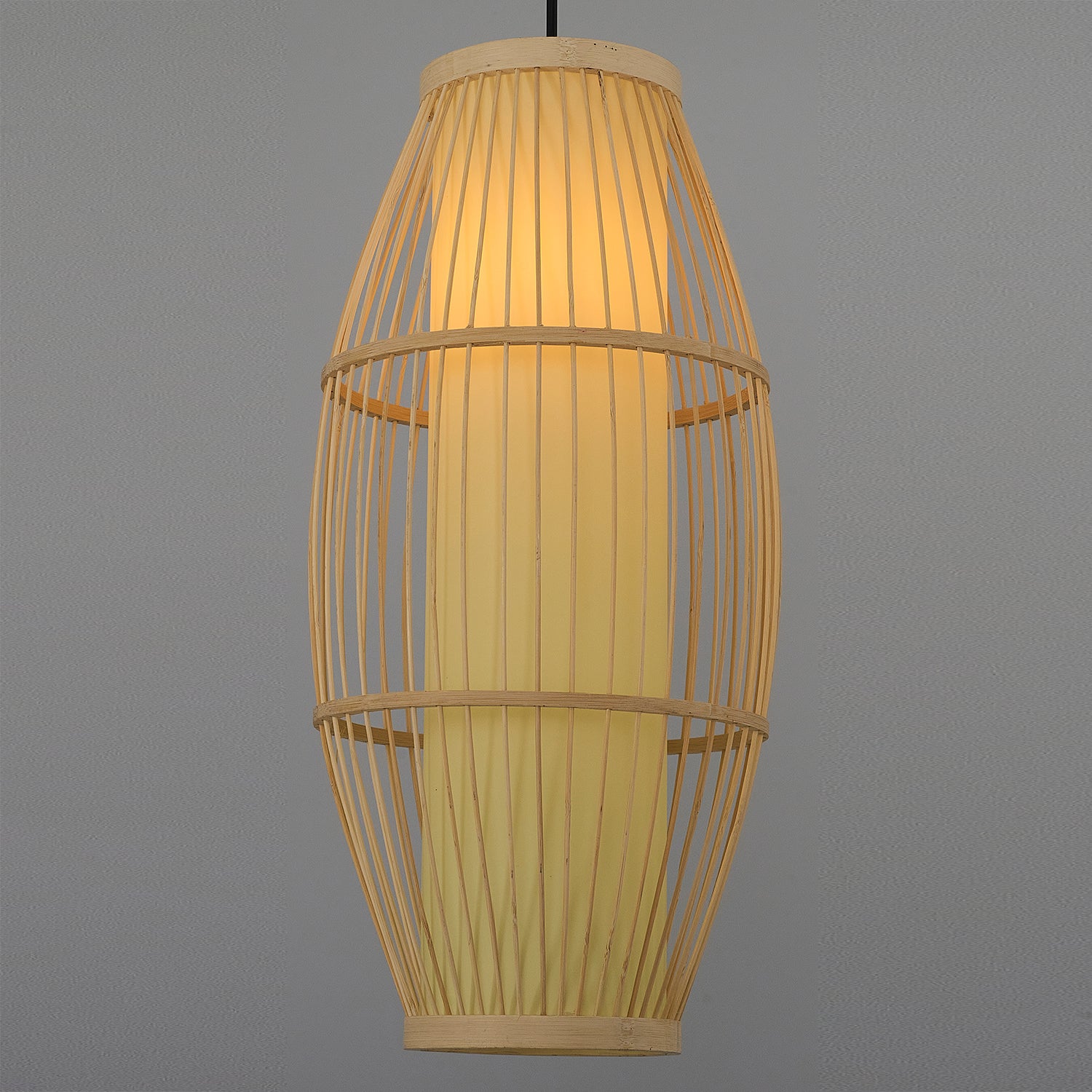 Bamboo cage pendant lighting with yellow fabric diffuser