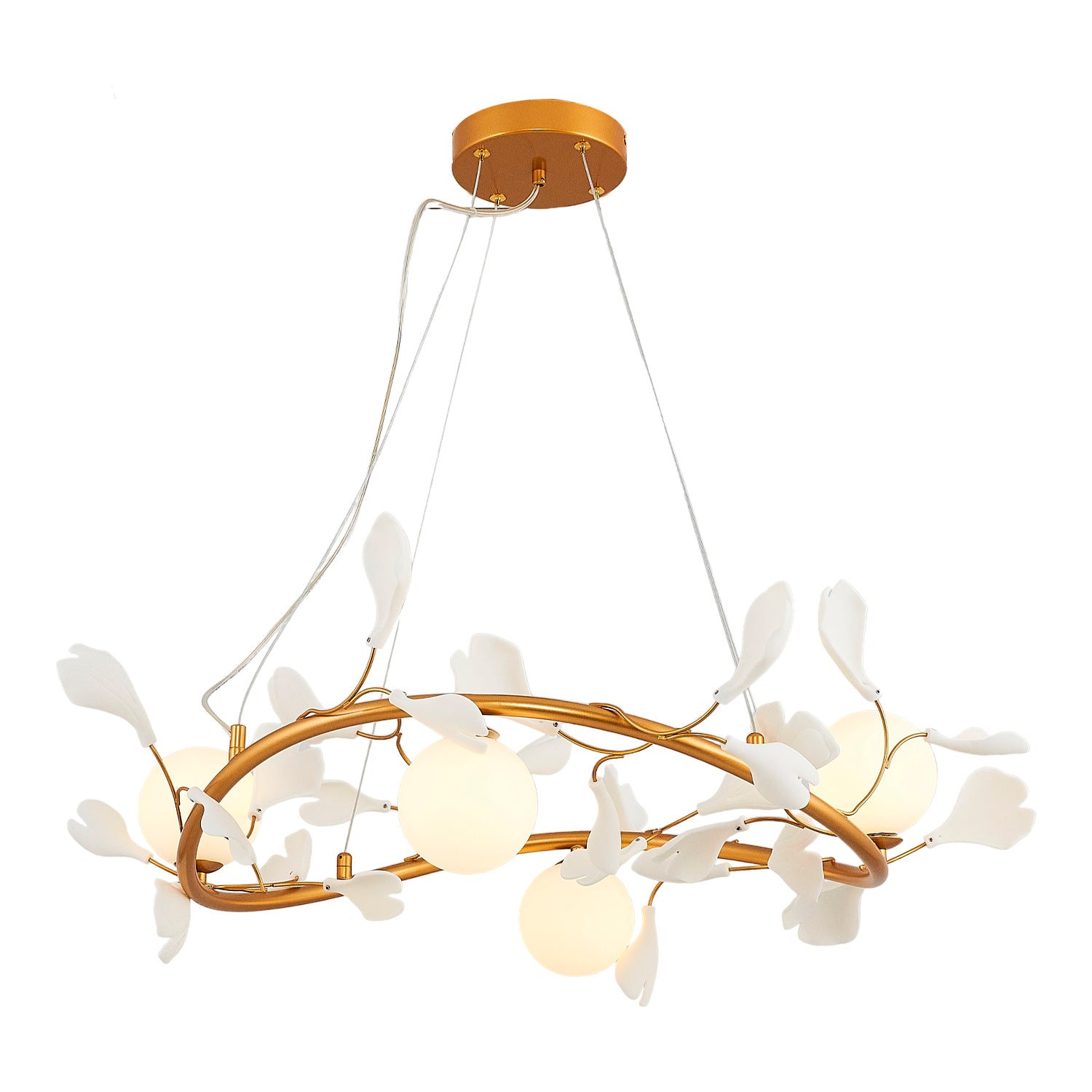 Gold metal chandelier with white leaf shapes and globe lights