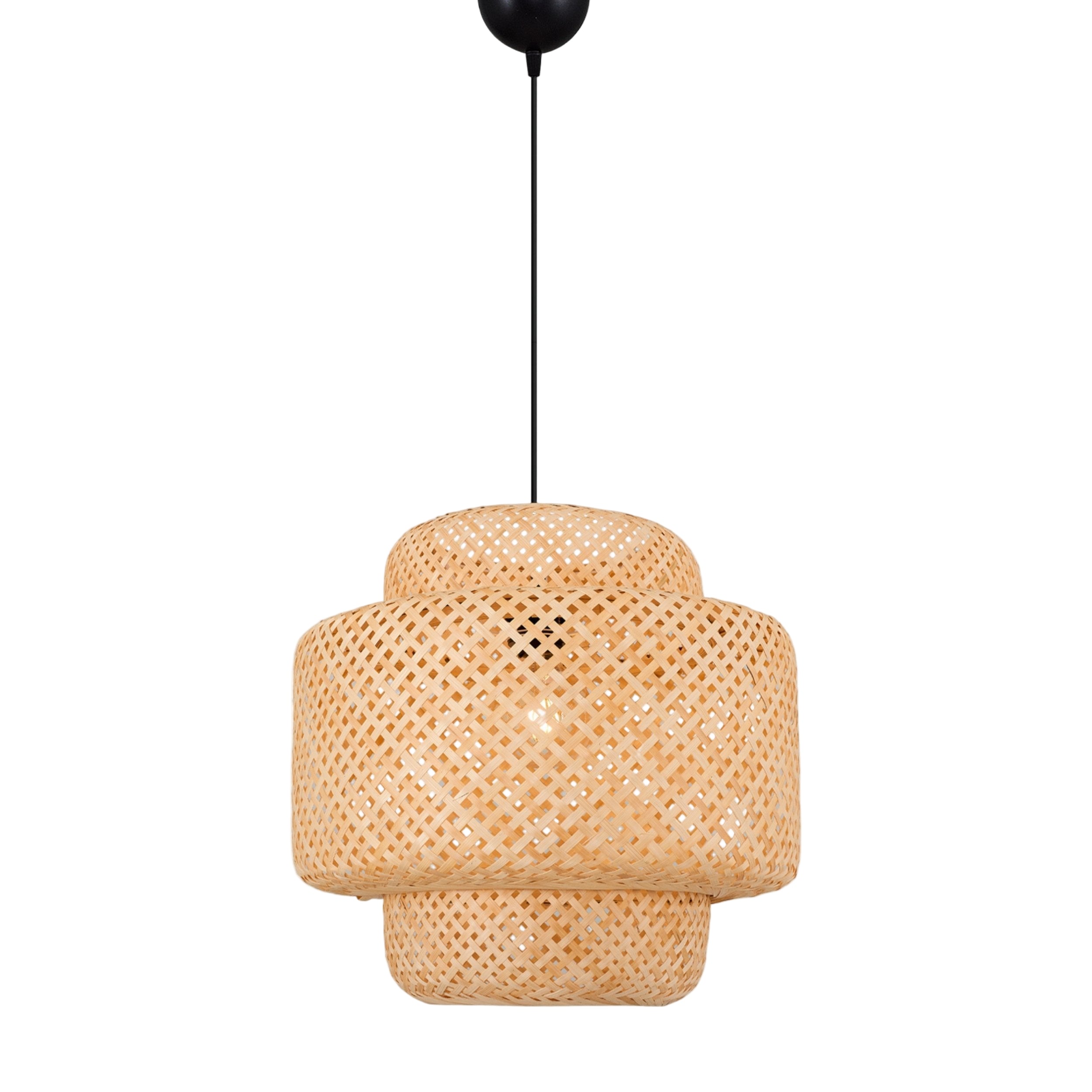 Woven pendant light on a white background