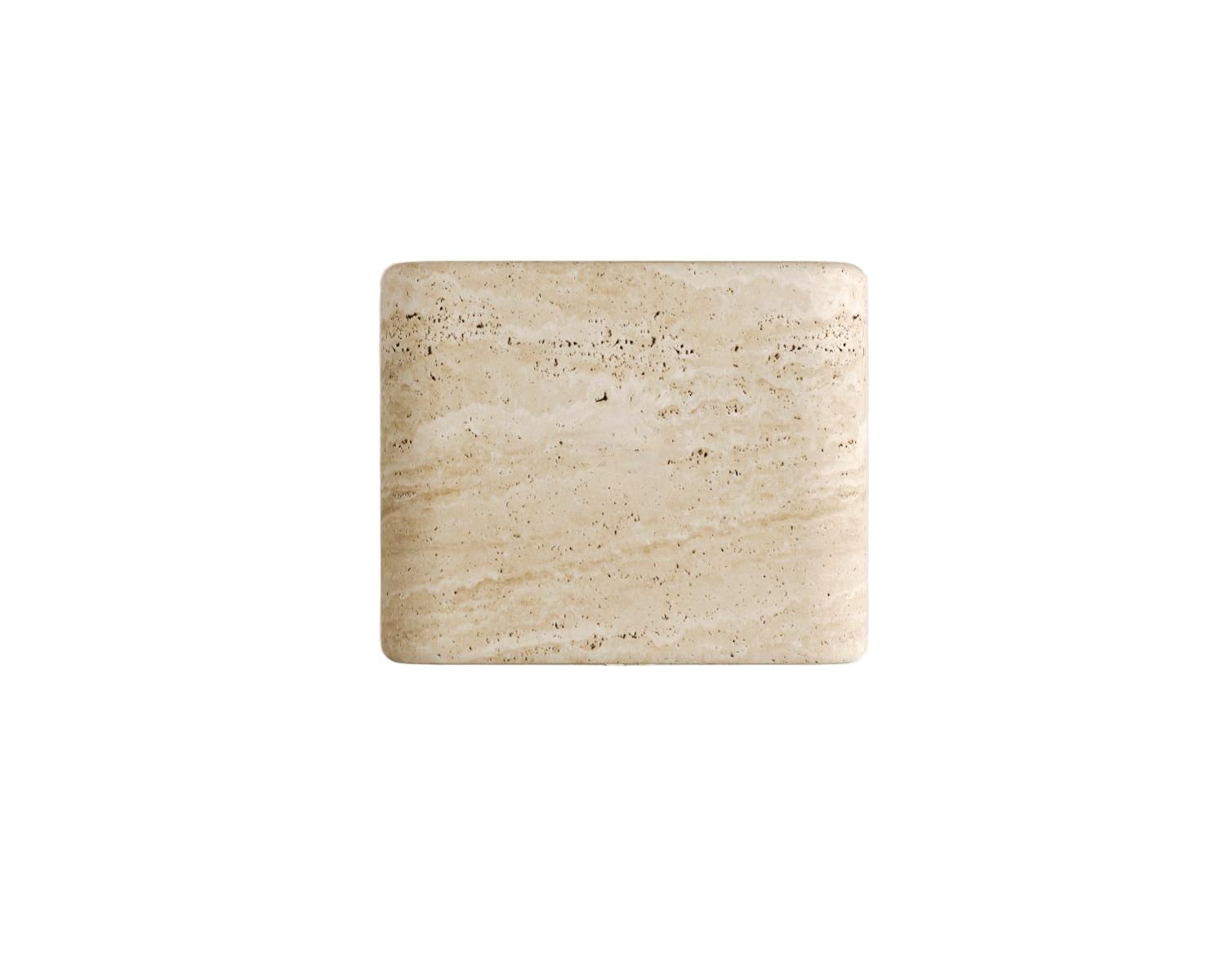 Top-down studio shot of a Luzione travertine side table. Its natural stone texture and modern design make it a luxury accent piece