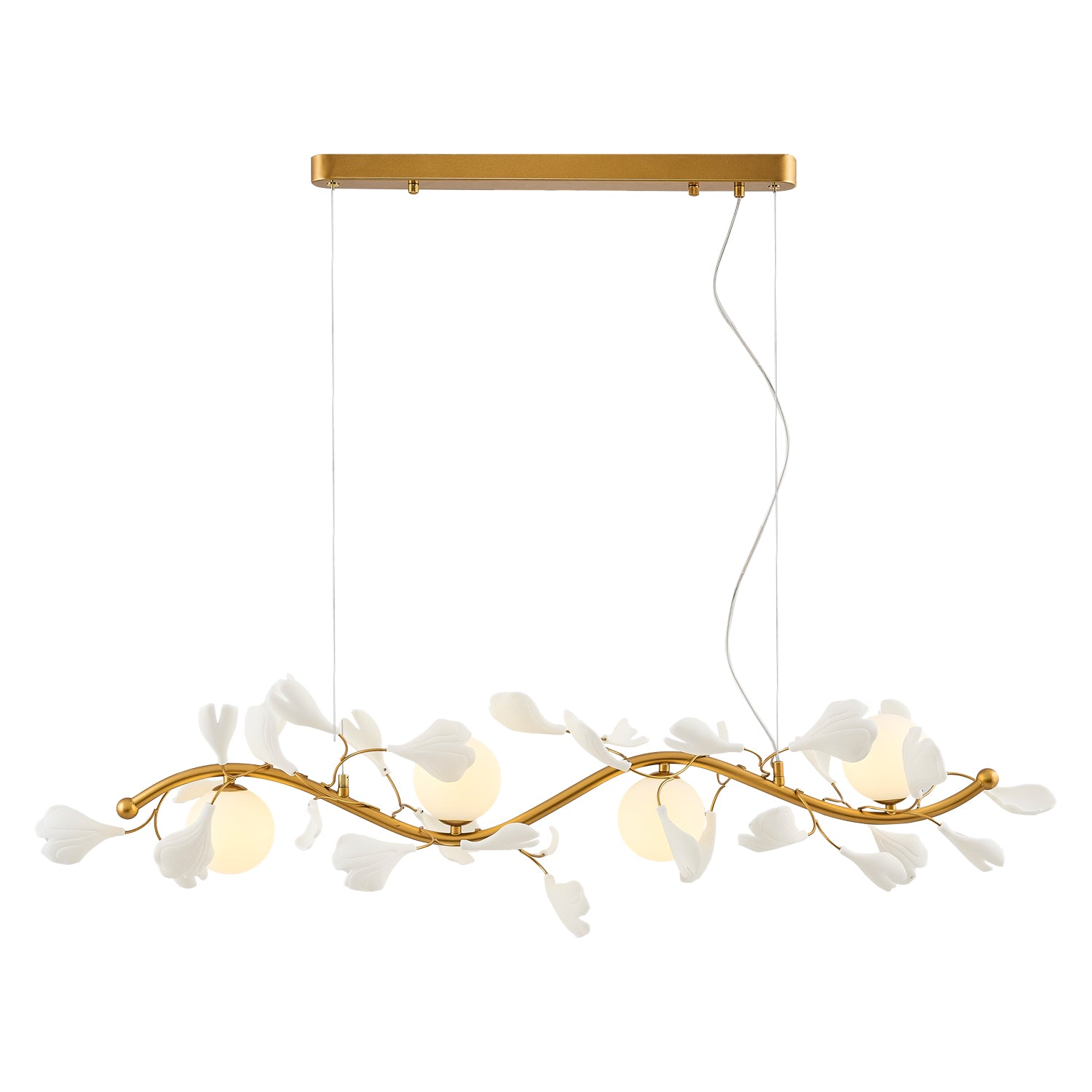 White and gold branch chandelier with four globe lights and leaves.