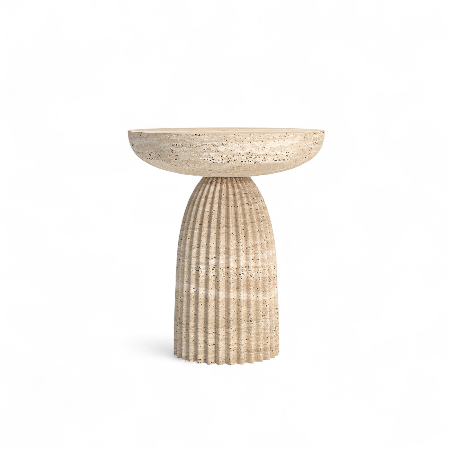 travertine side table with fluted cylindrical base and bowl top