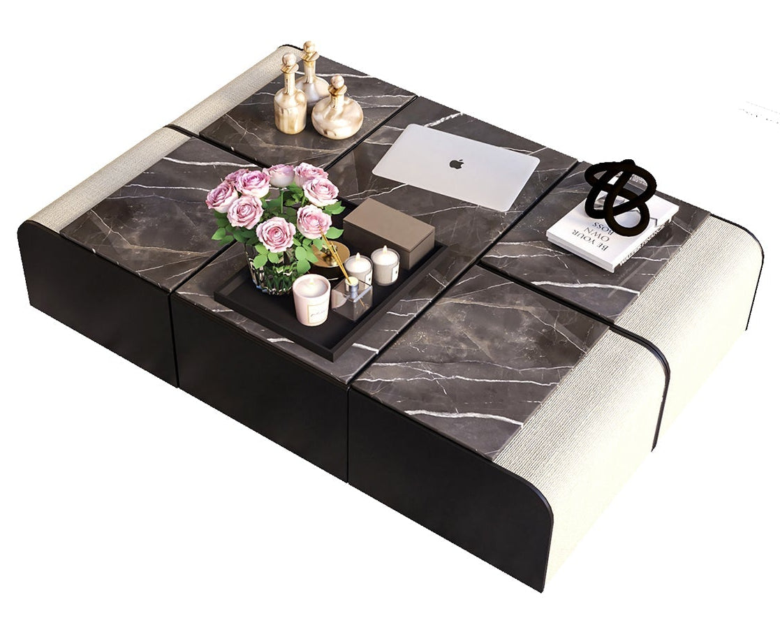 Modern marble coffee table with upholstered ends, decor.