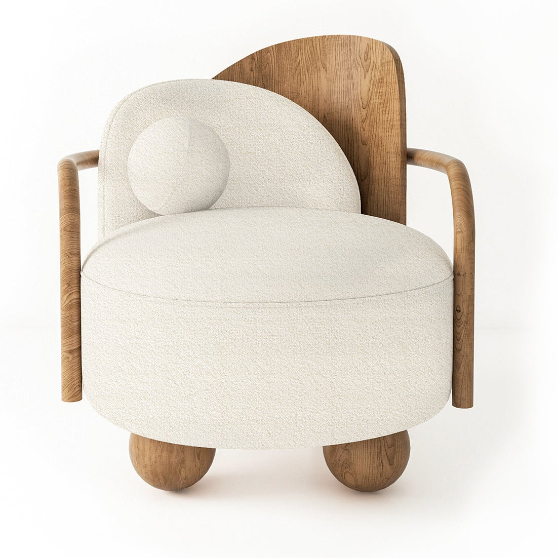 White upholstered armchair with wood back and arms on white background.