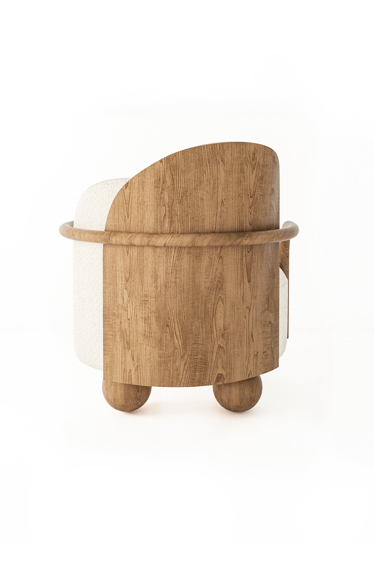 White upholstered armchair with wood back and spherical feet