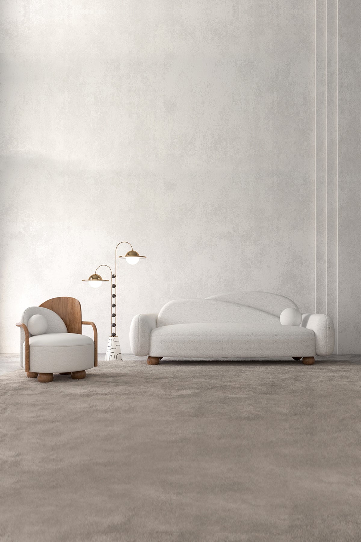 Interior view of white sofa, armchair, floor lamp, and gray rug