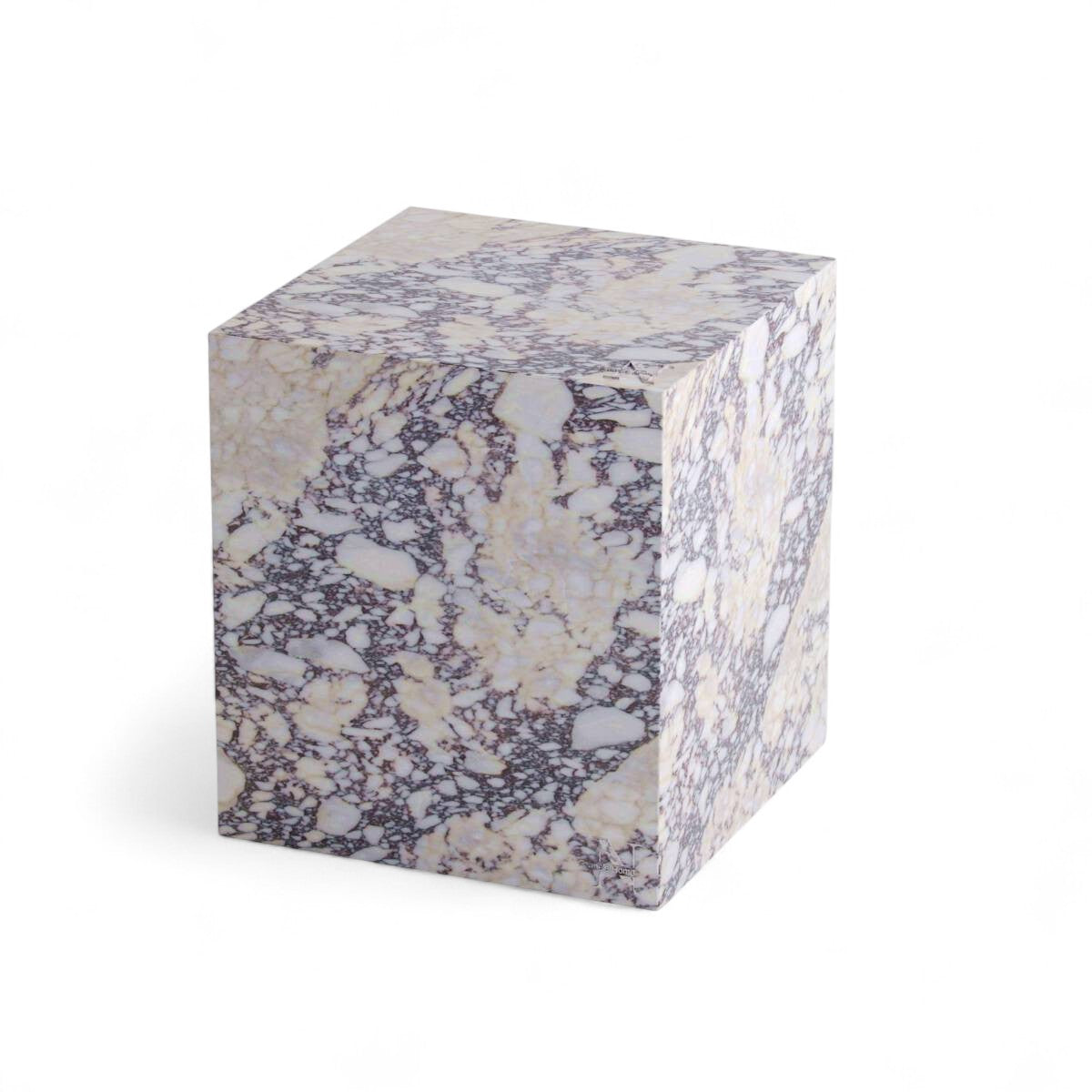 White and purple mottled marble cube pedestal table on white background