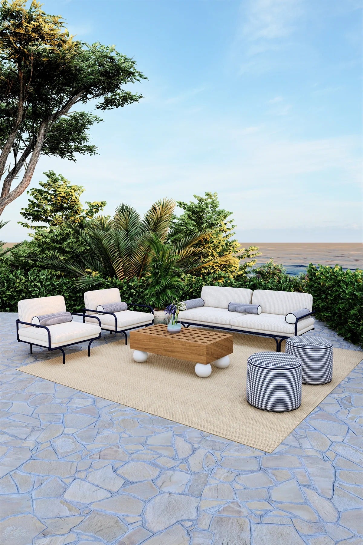 Outdoor patio set with furniture on a stone patio