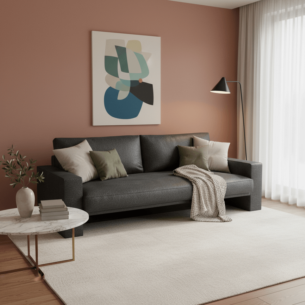 Modern living room with a gray sofa, abstract art, and a lamp.