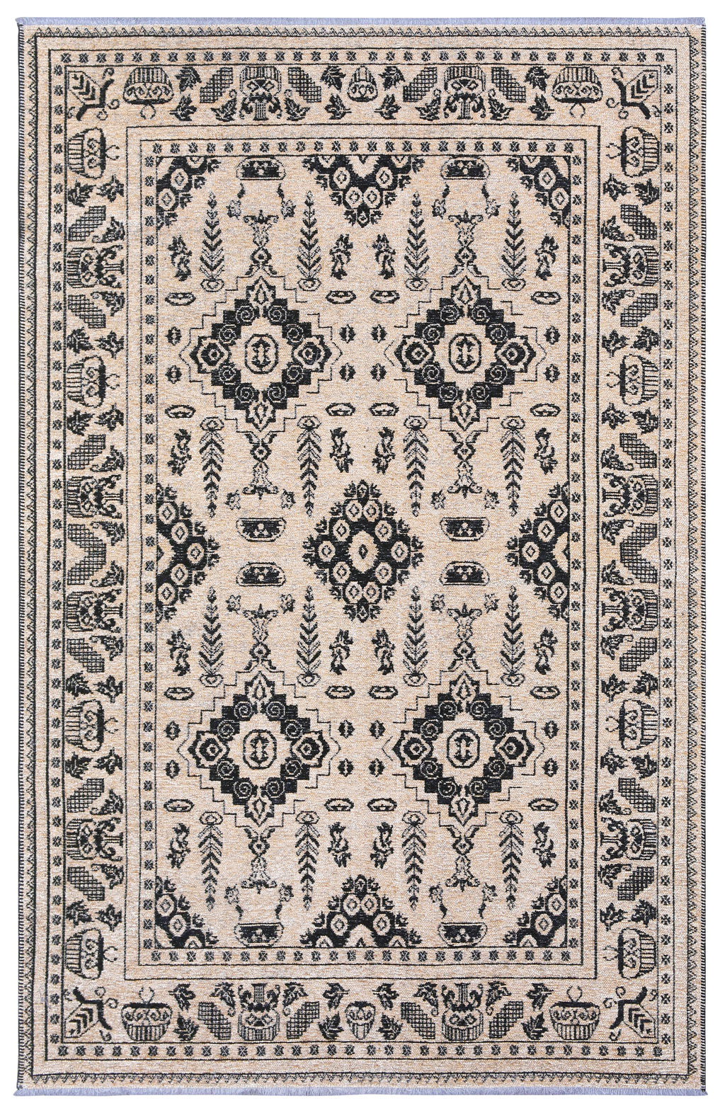 Overhead view beige black patterned area rug home decor