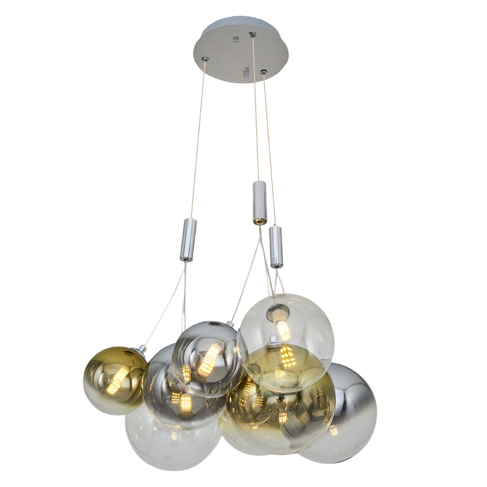 Chrome ceiling plate with clear and metallic glass sphere pendant lighting fixture