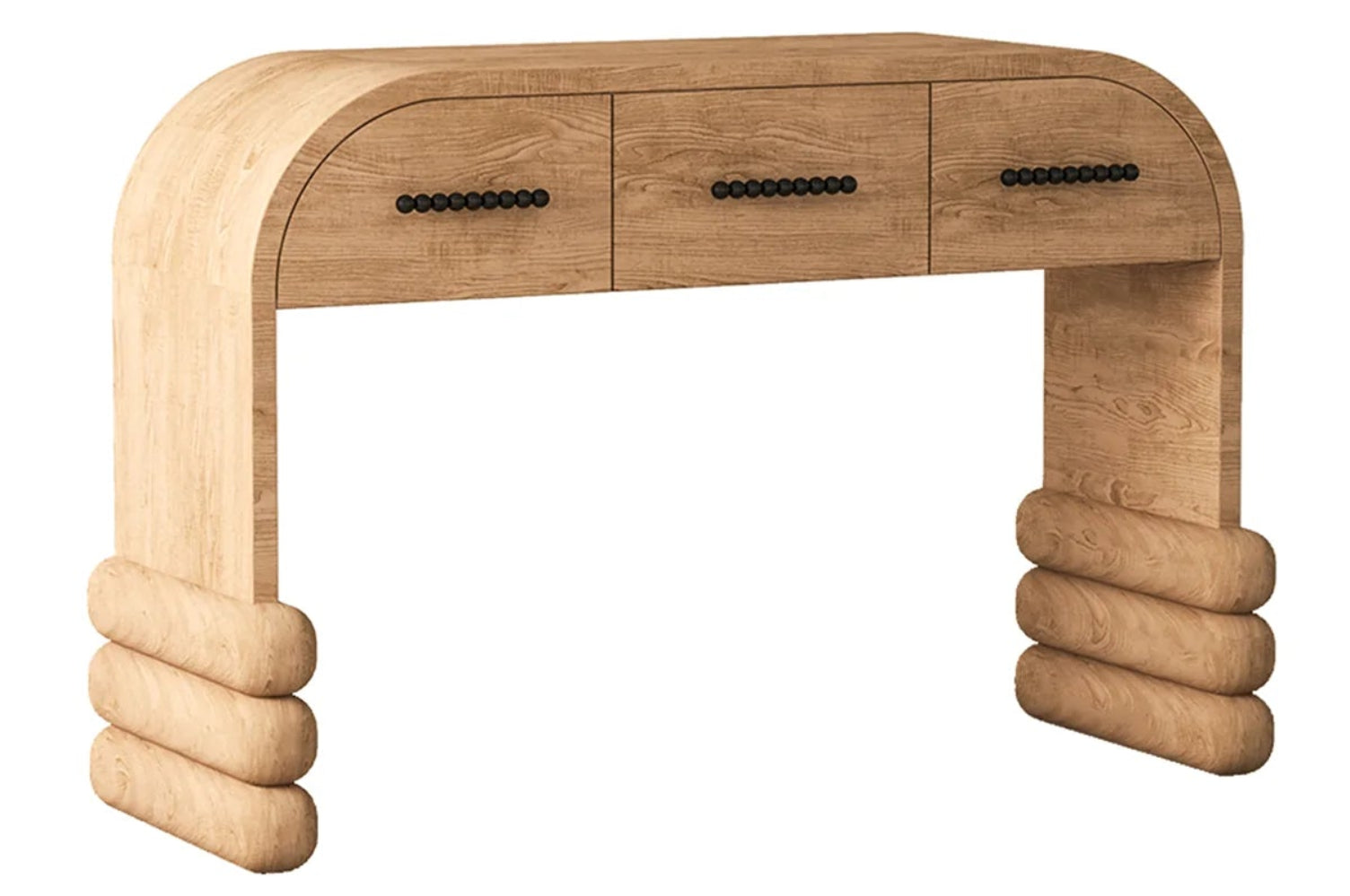 Wooden console table with curved design and three drawers on a white background