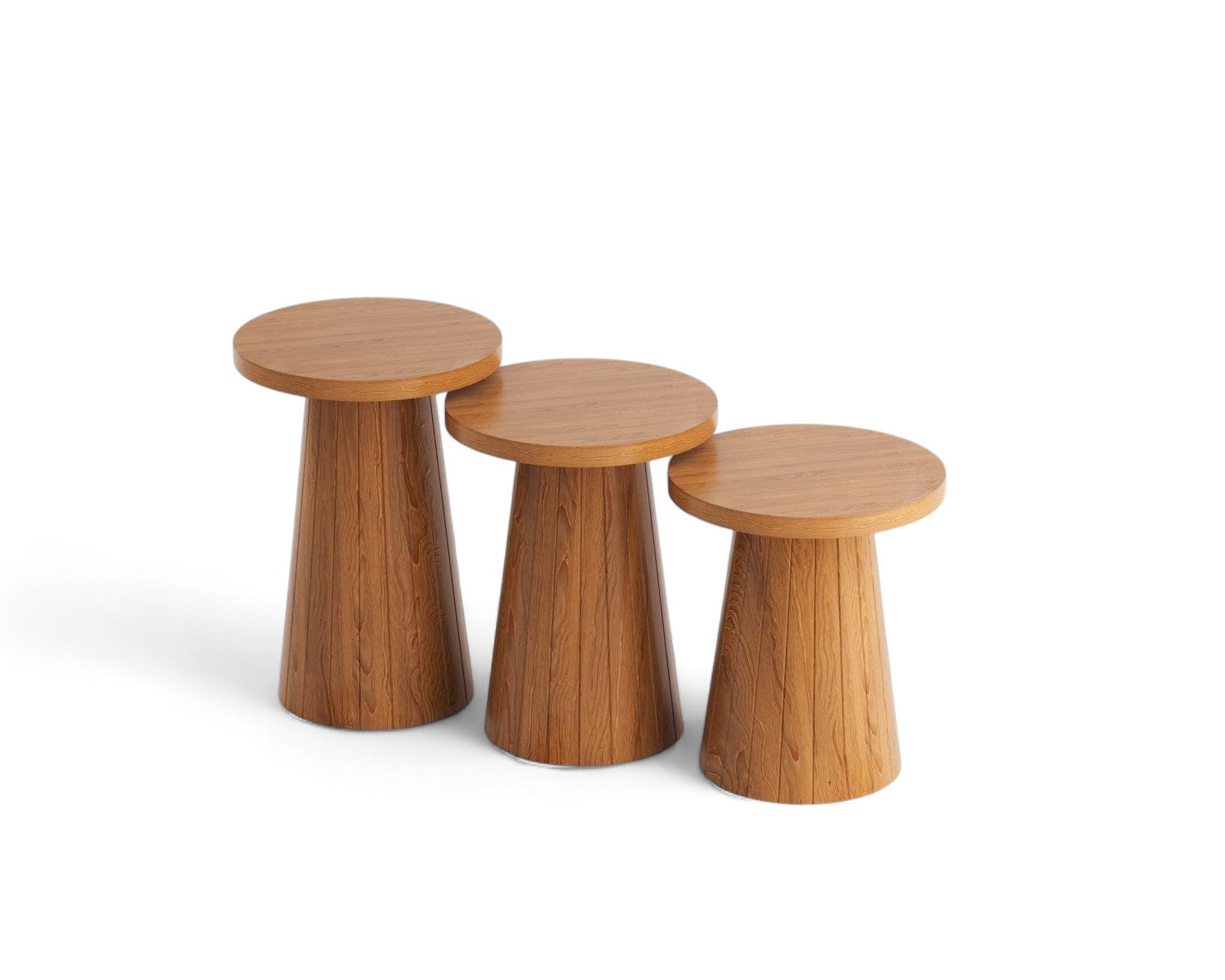 Three nesting side tables with round wood tops and conical bases