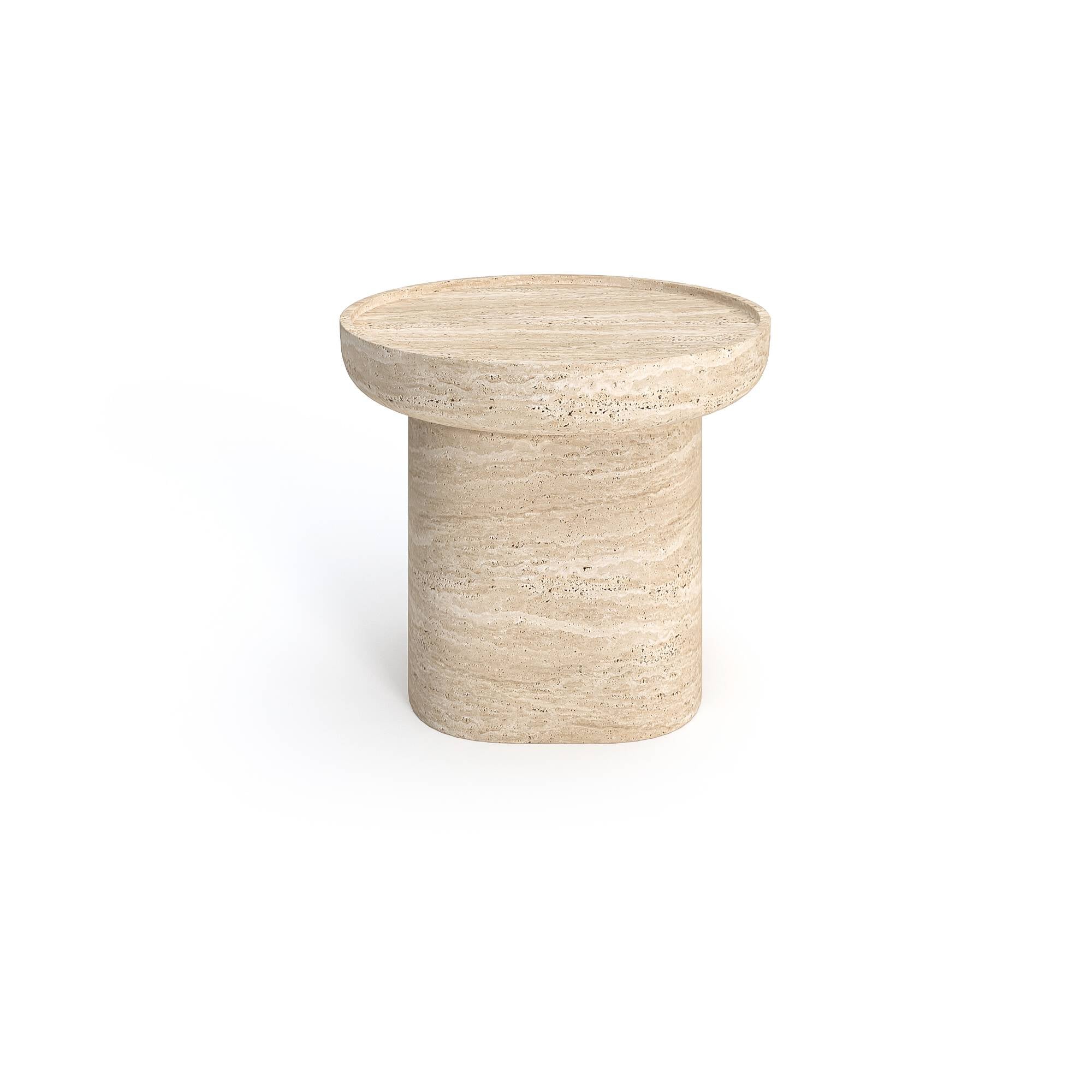 Minimalist Luzione travertine side table with cylindrical base and round top showcasing natural stone texture, ideal for living rooms or bedrooms