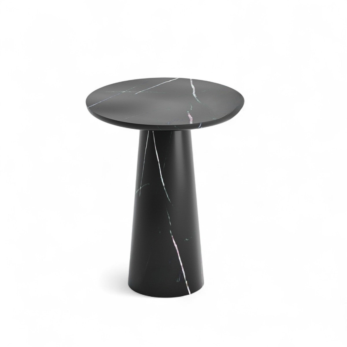 Black marble side table with conical pedestal base on white background