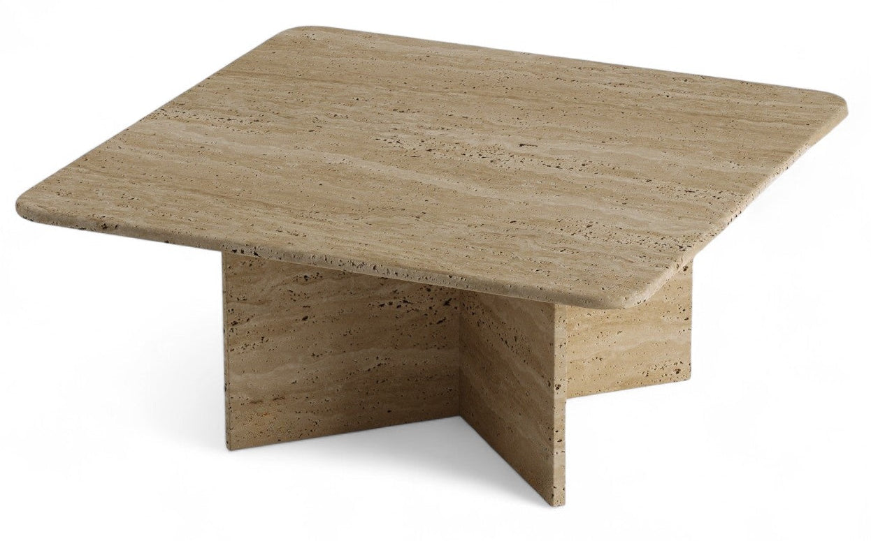 Square travertine coffee table with cross base