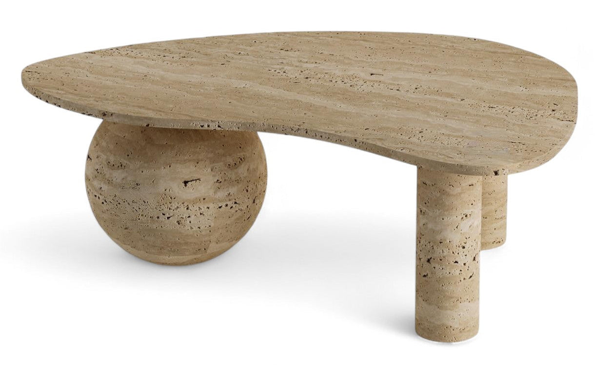 Modern travertine coffee table with unique organic shape and sphere base.