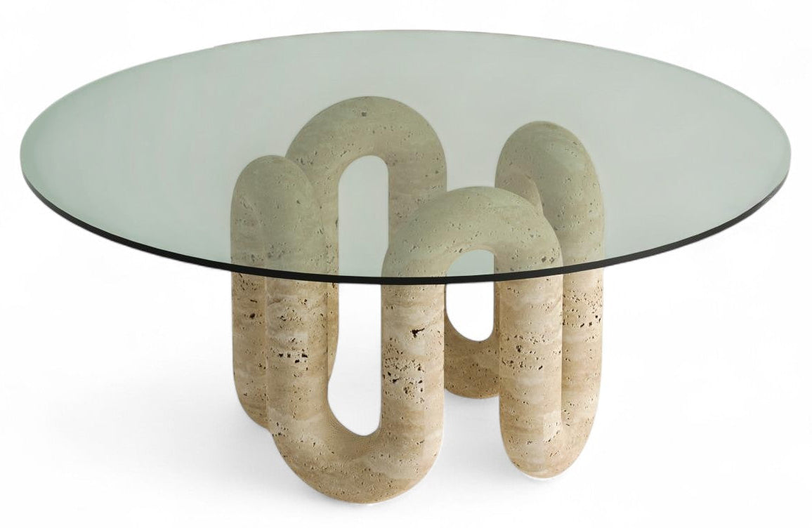 Round glass top coffee table with travertine base