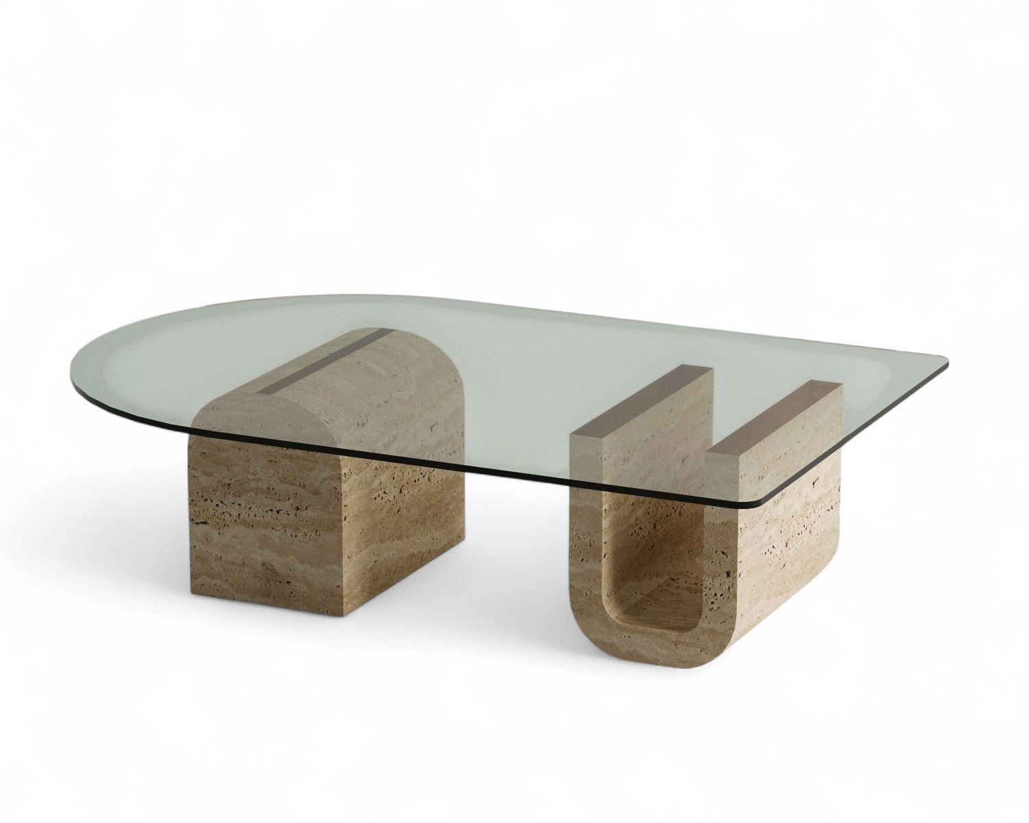 Glass top coffee table with travertine stone base on white background