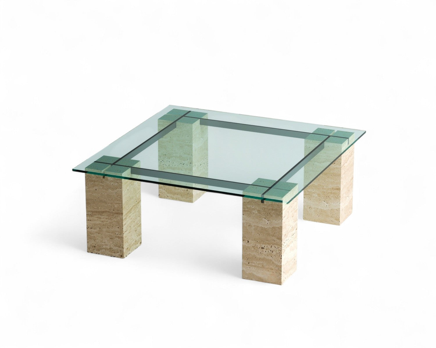 Square glass table top on four travertine stone legs