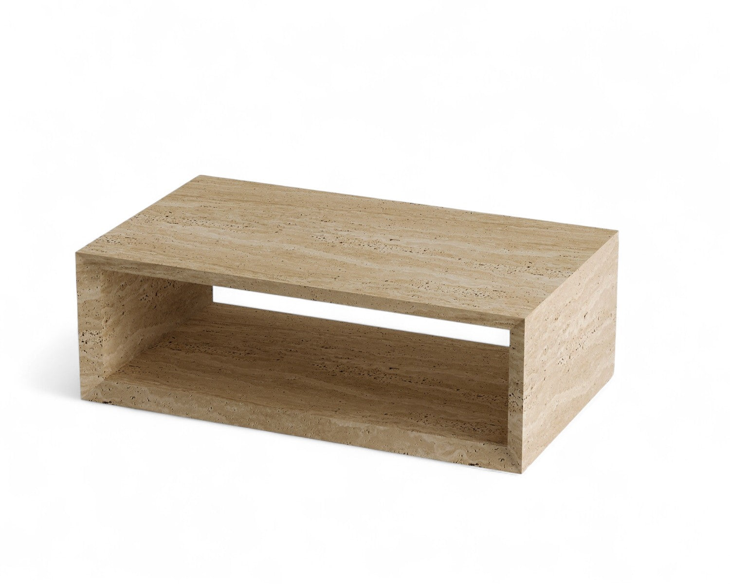 Rectangular travertine coffee table with open storage space on white background