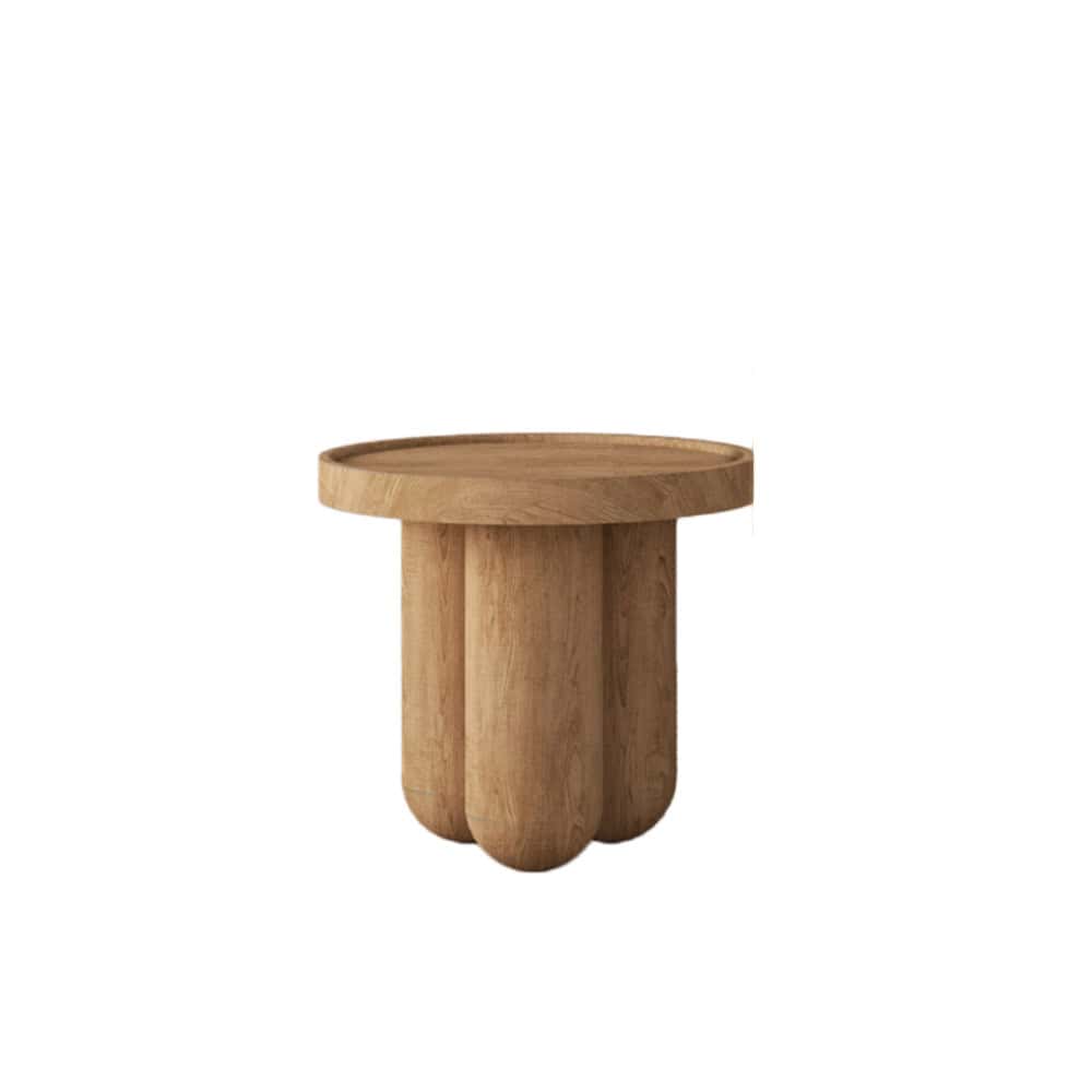 View of wooden round end table with three column base.