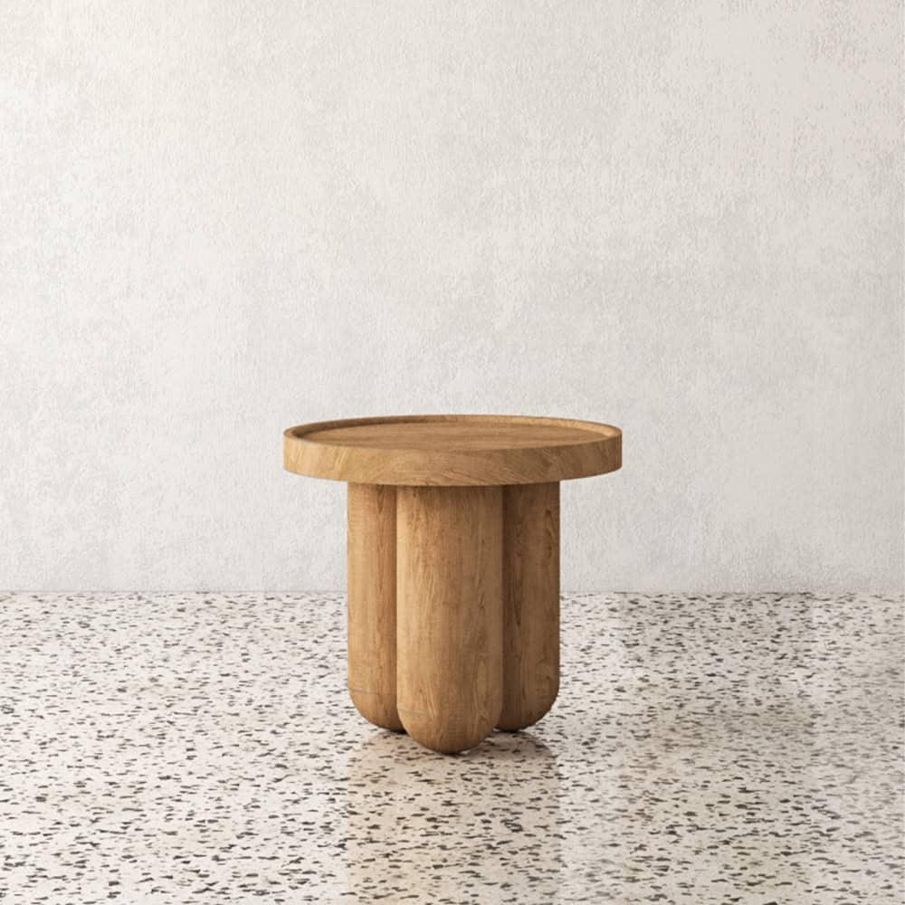 Wood round side table with three cylindrical legs