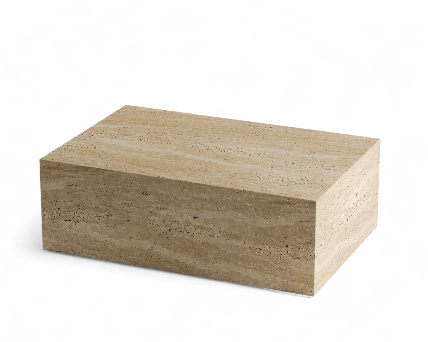 Studio shot, rectangular beige travertine coffee table, minimalist furniture design, natural stone texture, luxury home decor, modern living room.