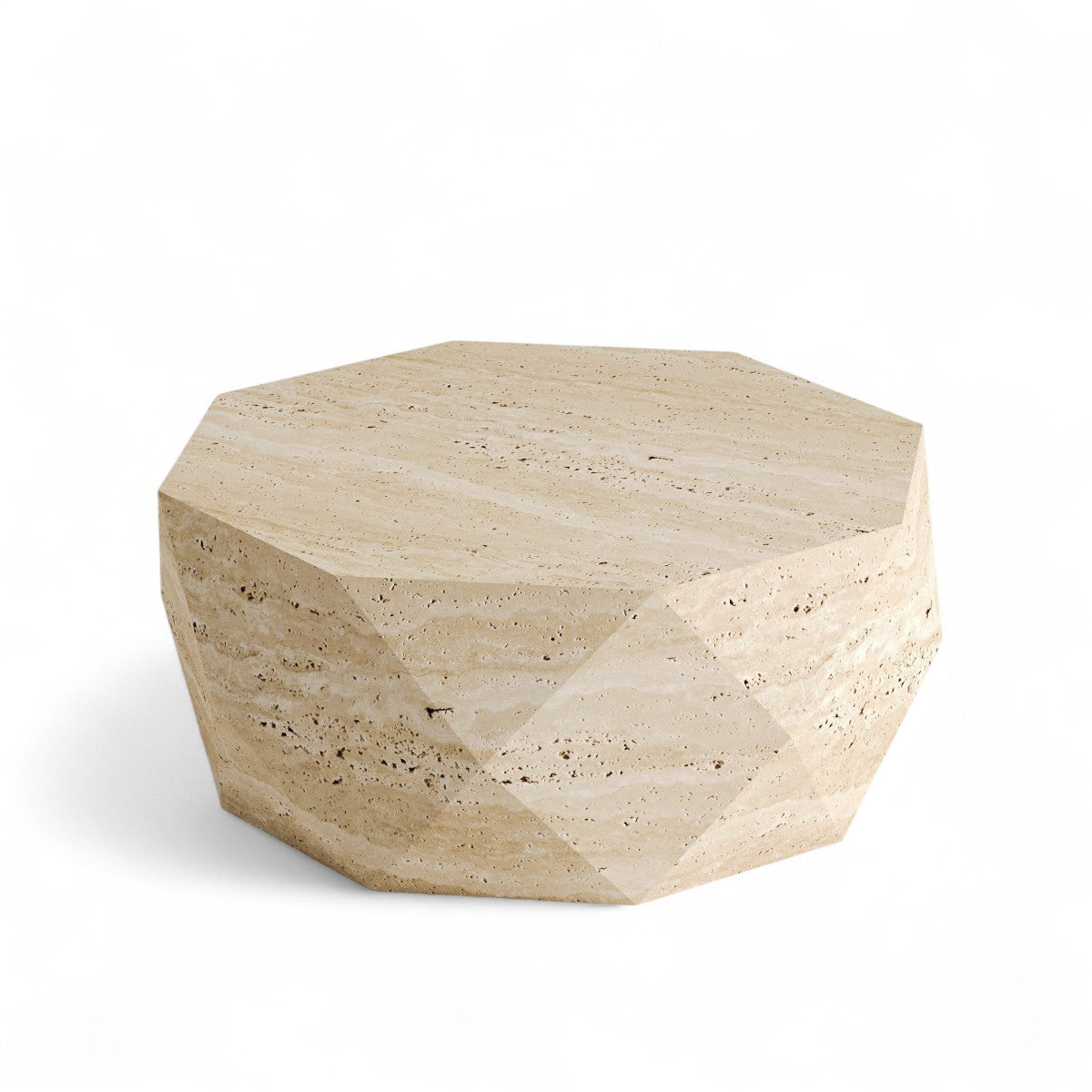 Studio shot of octagonal travertine coffee table with faceted sides