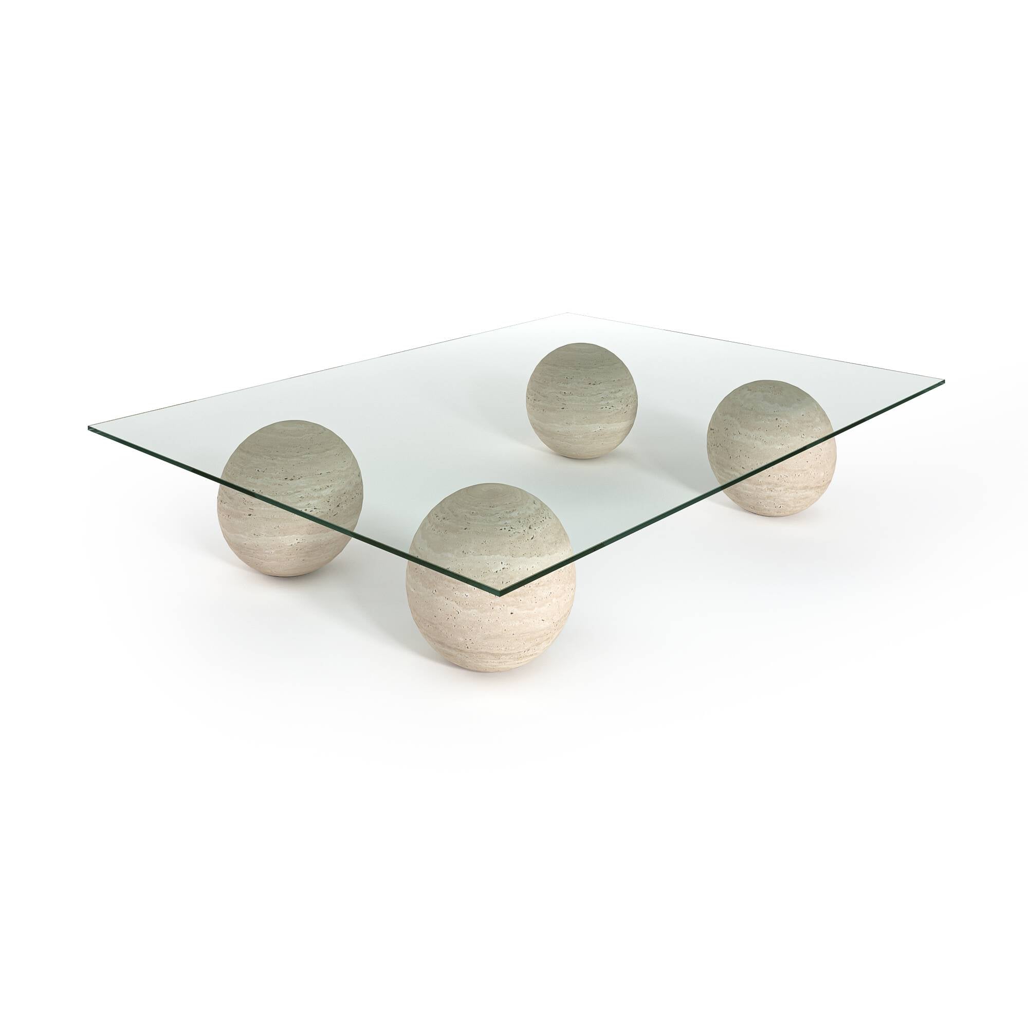 Luzione 619 coffee table: Glass top, travertine sphere legs. Modern design, minimalist style, luxury living room furniture.