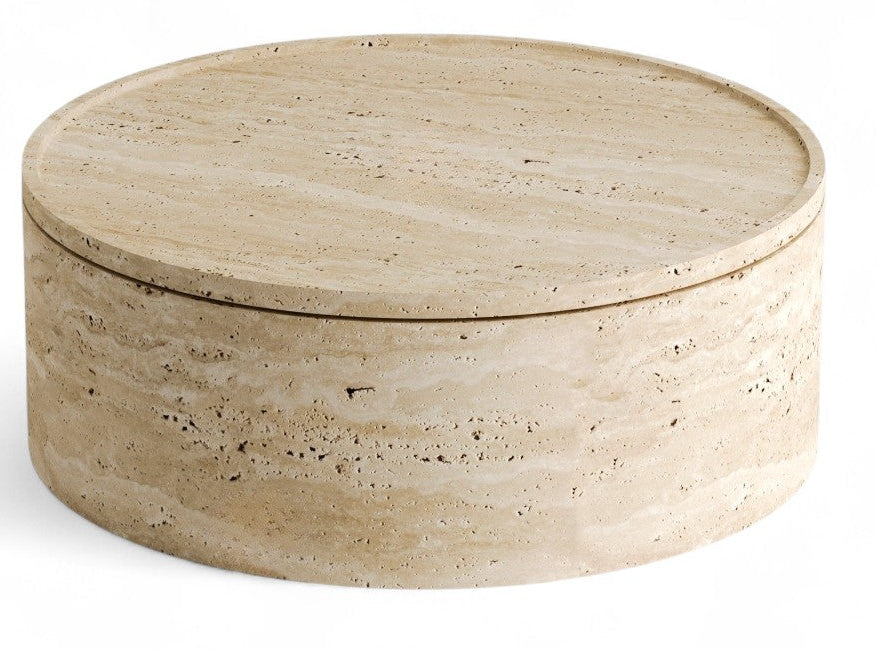 Round travertine storage box with lid on white background