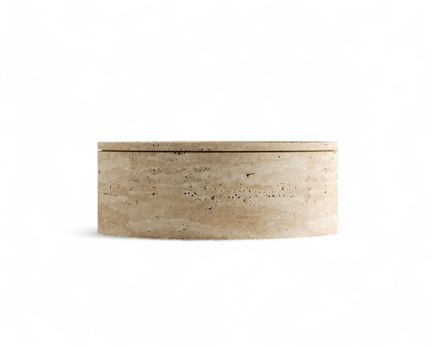 Close up view of round travertine stone box on white background, travertine storage box, stone decor, round stone furniture, natural stone accent piece, beige travertine texture, minimalist stone container, luxury stone box, decorative stone object, modern stone storage