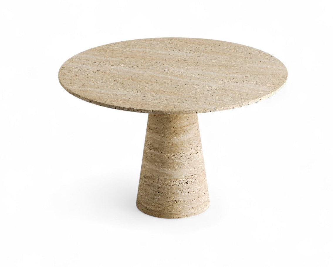 Round travertine table with conical pedestal base on white background