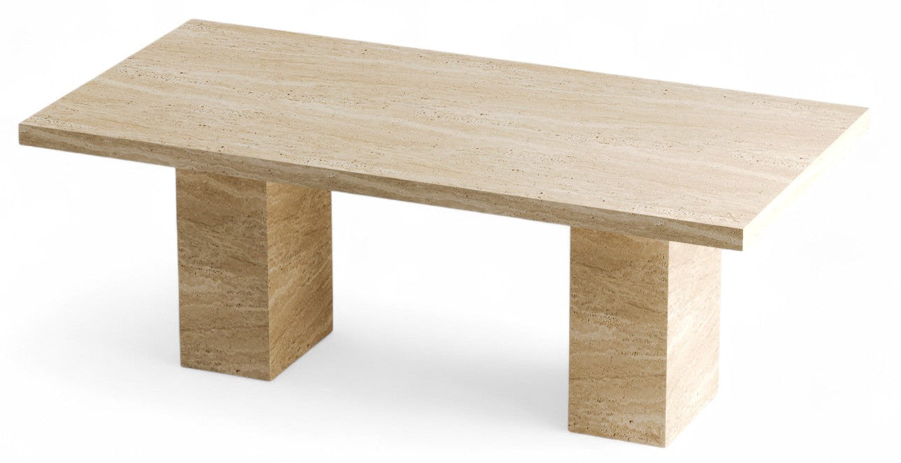 Travertine rectangular table with two block legs on white background