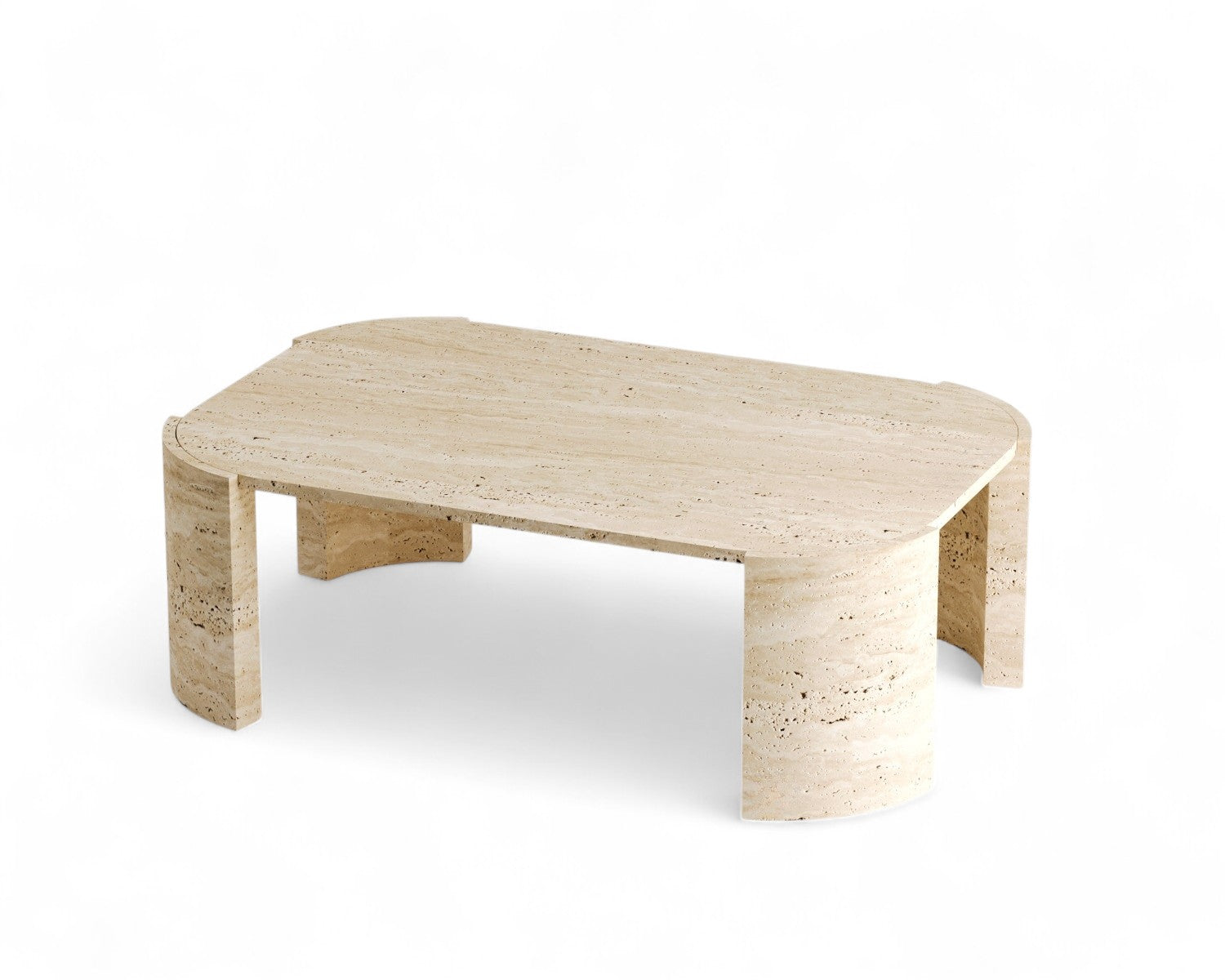Travertine coffee table with rounded rectangular top and curved legs