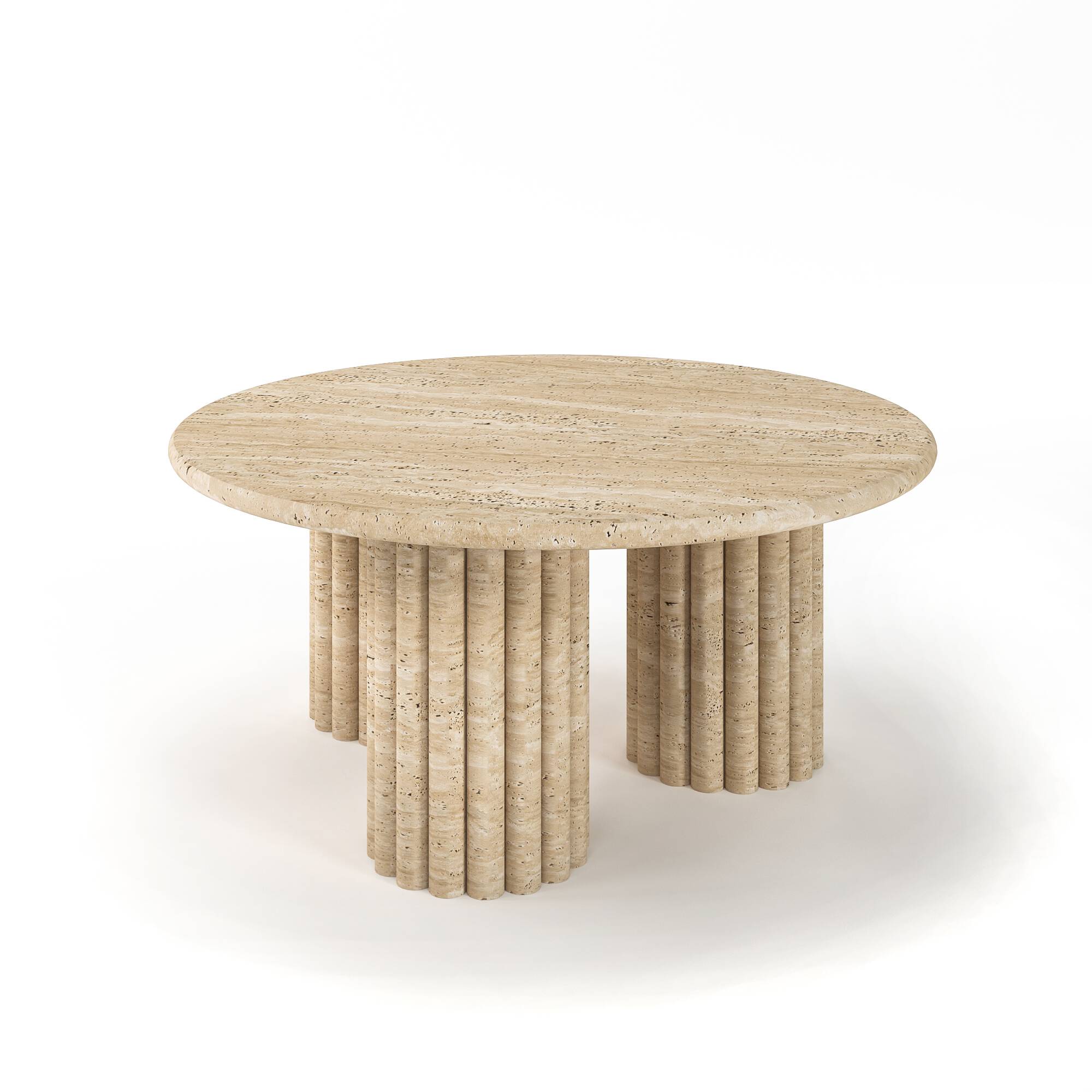 Eye-level studio shot of Luzione travertine coffee table. Round top, three cylindrical clusters. Modern stone design for living rooms