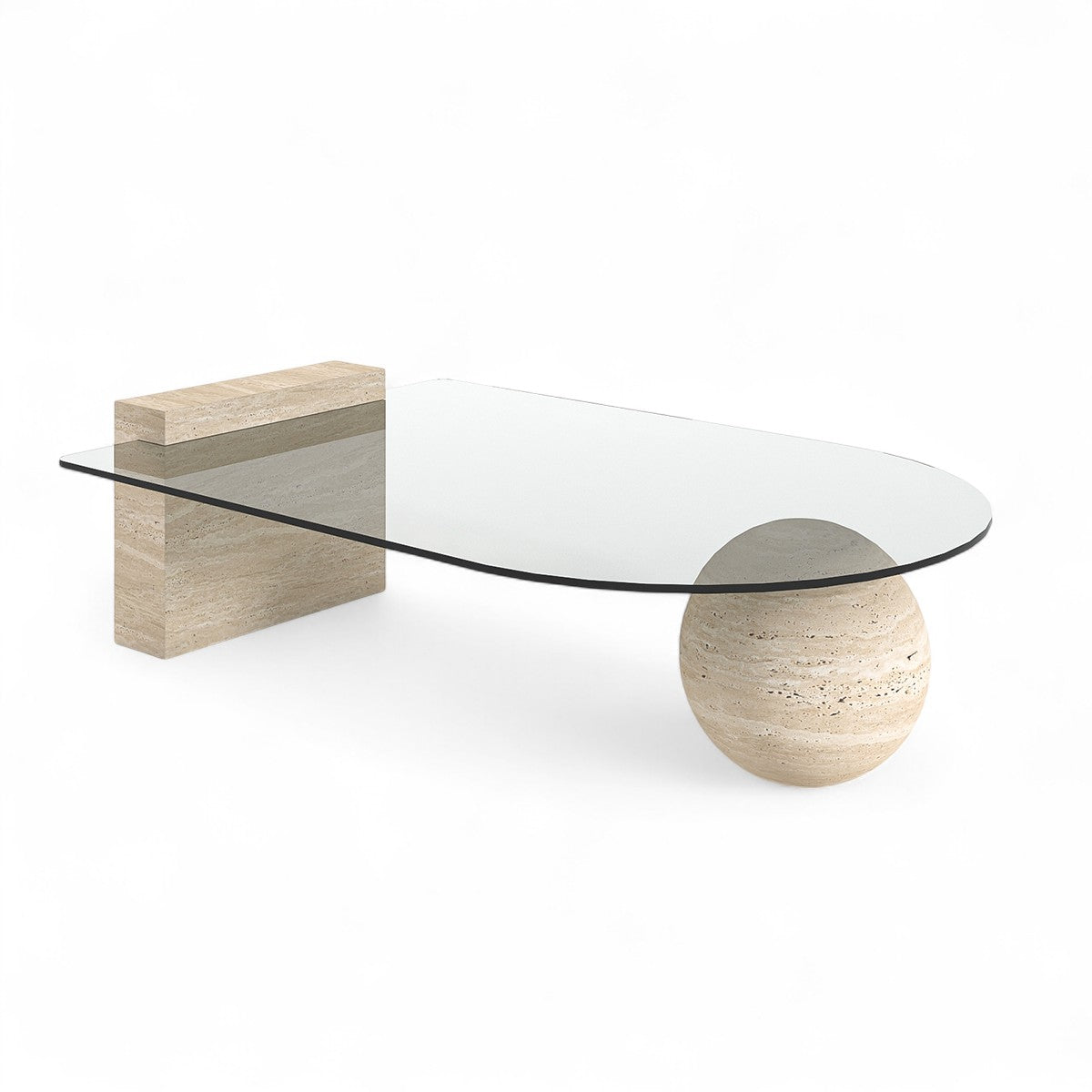 Studio shot of glass top coffee table with travertine base