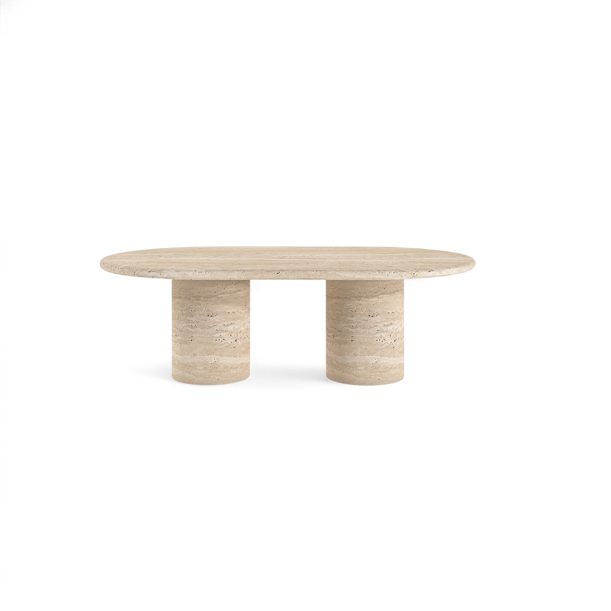 studio shot, beige travertine oval dining table, two cylindrical bases, white background, modern furniture, stone table, dining room decor, minimalist design, natural material table