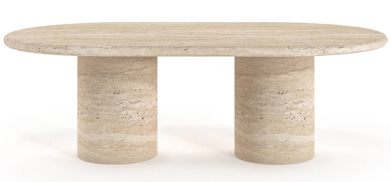 Modern Luzione travertine coffee table with V-shaped legs. Natural stone variations add unique, organic touch. Ideal for contemporary spaces