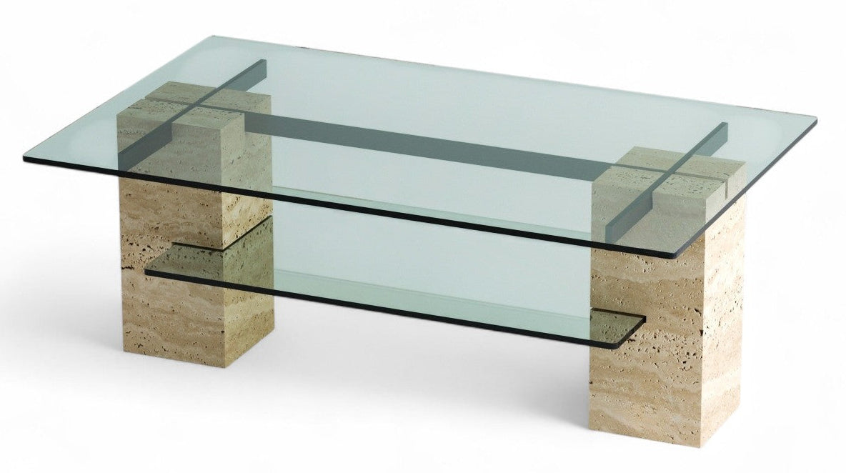 Rectangular glass coffee table with travertine block bases and shelf