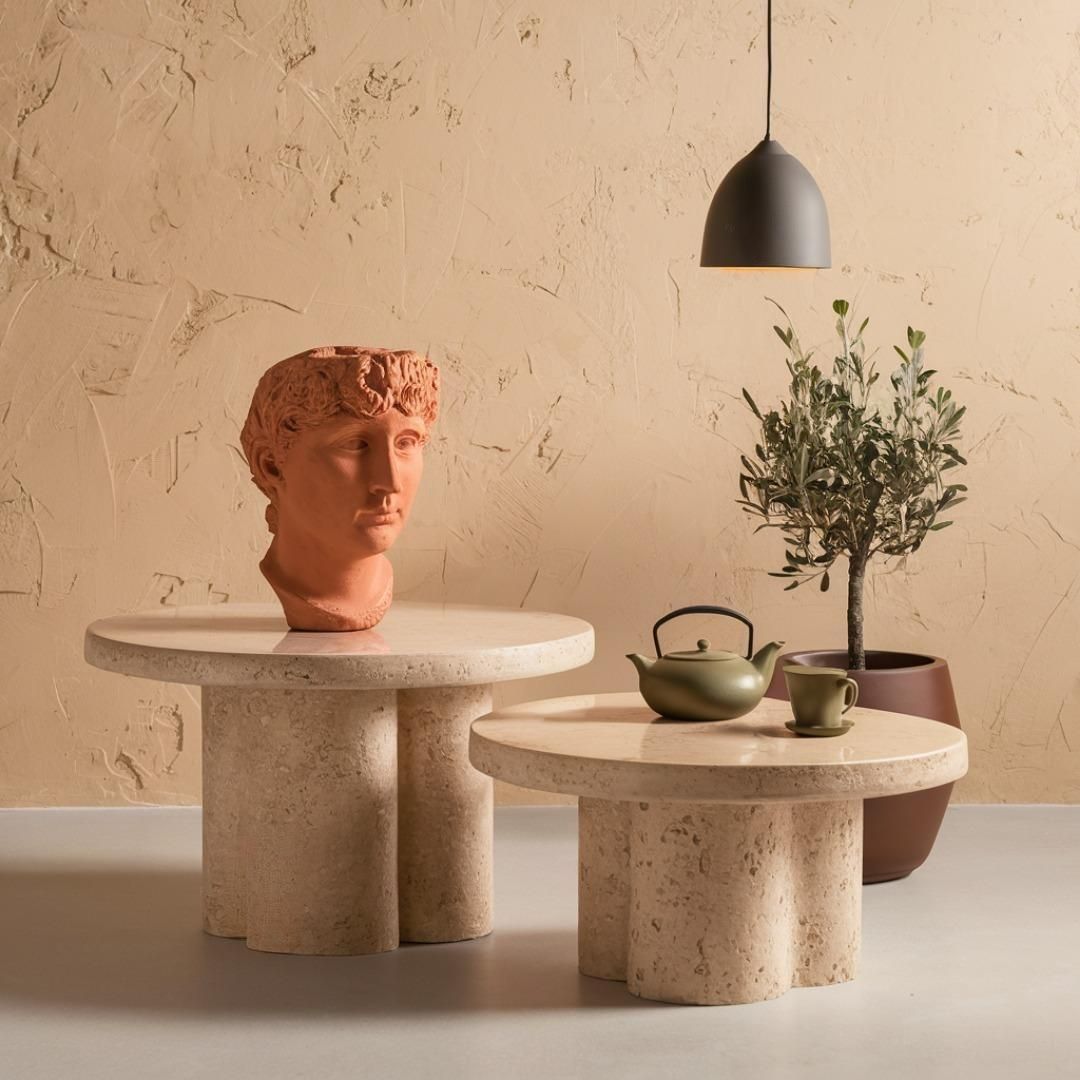 Luzione travertine side tables with terracotta bust, tea set, olive tree, and pendant light create a modern interior design