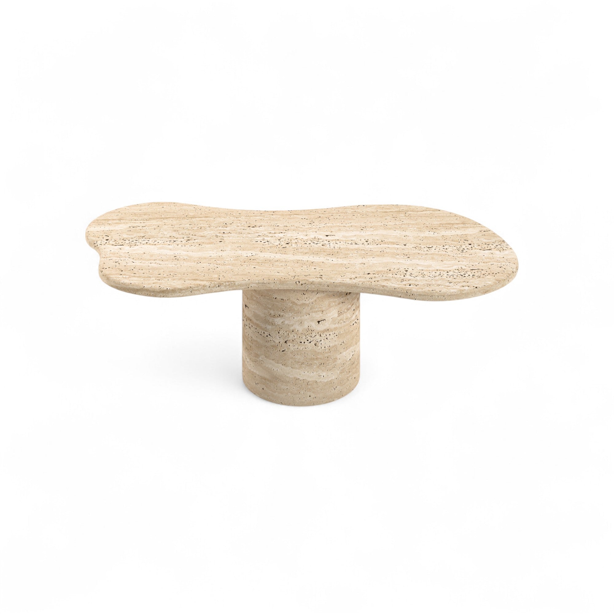 Studio shot of beige travertine coffee table with organic top shape
